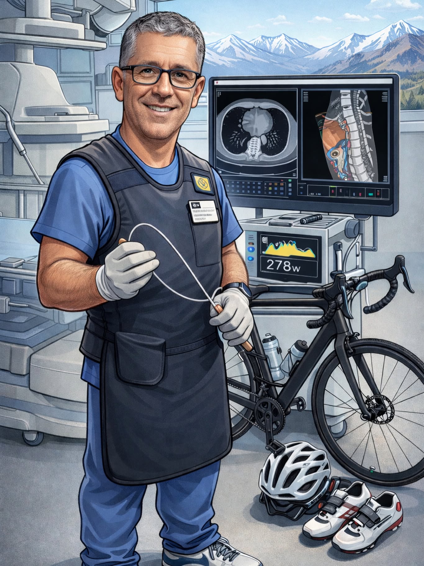 Ilustração do Dr. Ricardo em sala de radiologia ao lado da bicicleta de estrada