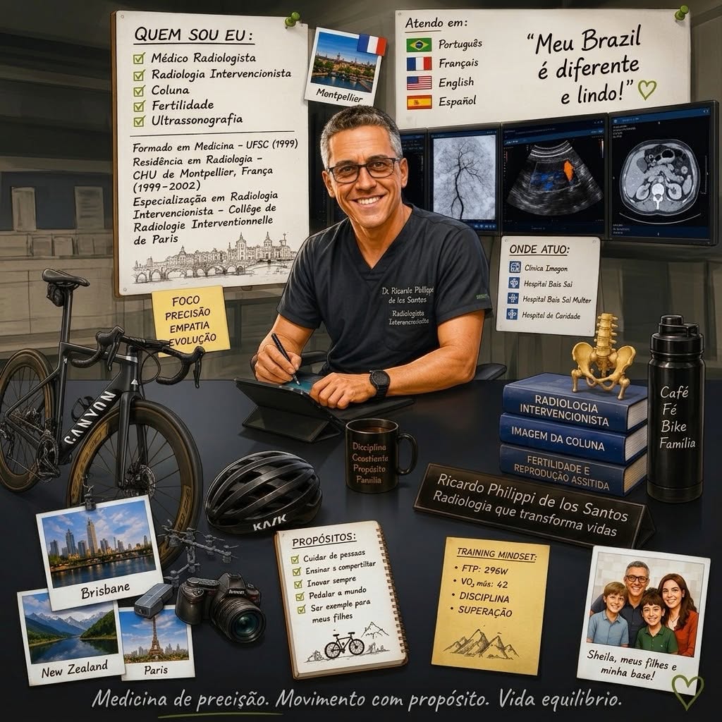 Ilustração reunindo formação, locais de atuação, bicicleta, fotografia e família